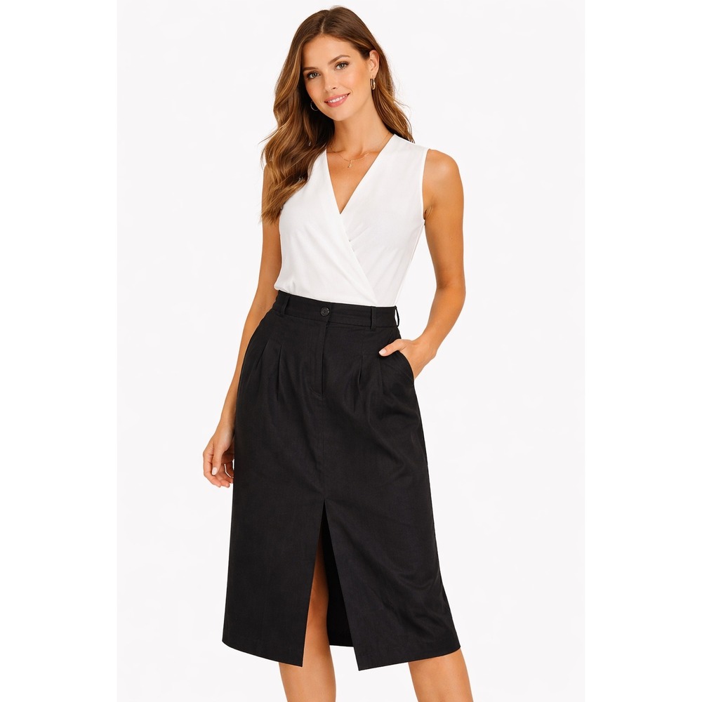 Banana Republic Black Linen Blend Pleated Midi Skirt Front Slit Size 4 NWT